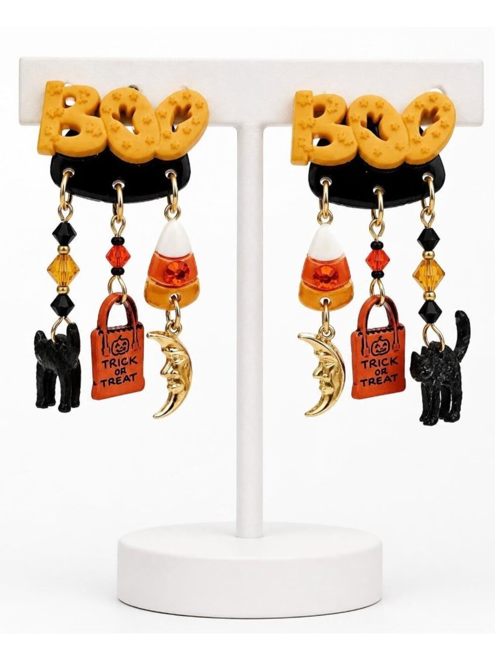 JJ Vintage Boo Black Cat Moon Charm Dangle Clip-On Earrings Signed, J877